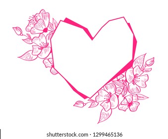 Red Hand Drawn heart geometry frame stylized square for card with flowers and leaves. Scandinavian vector illustration with place for your text