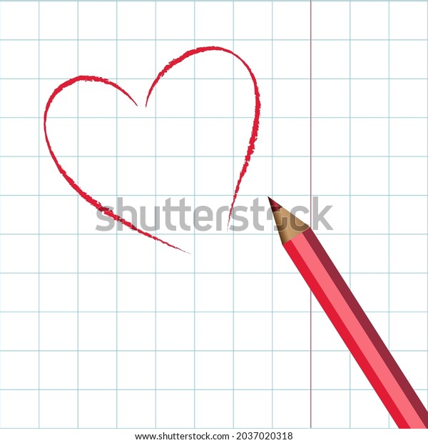 Red\
hand drawn heart with thin line, divider shape, tangled grungy\
round scribble on white copy book sheet and\
pencil