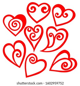 Red hand drawn hearts. Design elements for Valentine's day, wedding, birthday, Mothers Day. Love vector set. Vector illustration for fabric, wallpaper, posters, card, postcard. 
