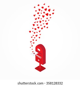 red hand drawn hearts flying out from postbox on white  background