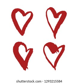Red hand drawn hearts. Ink brush drawn design elements for love story, greeting card, invitation, wedding, St. Valentine day.