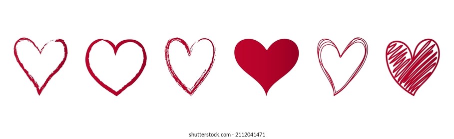 Red hand drawn hearts isolated on white background. Grunge and doodle hearts set. Love symbol graphic design elements. Valentine's day concept. Vector illustration