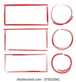 red hand drawn highlighter set, marker circle, rectangle shapes
