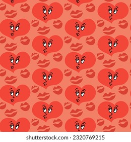 Red hand drawn kissing heart seamless pattern. Flat vector illustration with funny cartoon character with kissing lips. Perfect for decoration, background, textile, wrapping paper, scrapbooking