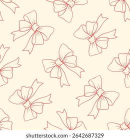 Red hand drawn line ribbon bows on beige background. Vector seamless pattern.