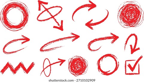 Red hand drawn marker arrows and scribble circles set with grunge texture for highlighting corrections and design elements