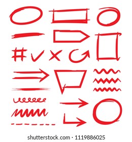 red hand drawn marker elements, check mark, underlines