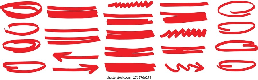 Rote handgezeichnete Markierungsstriche und Unterstrichelemente einzeln auf Weiß. Fett hervorgehobene Linien umfassen Kreise Pfeile und Kritzeleien. Ideal für Betonungsnotizen bearbeitet Präsentationen und Grafikdesign.