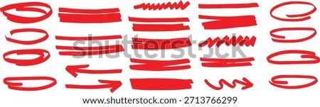 Red hand drawn marker strokes and underline elements isolated on white. Bold highlight lines include circles arrows and scribbles. Ideal for emphasis notes edits presentations and graphic design.