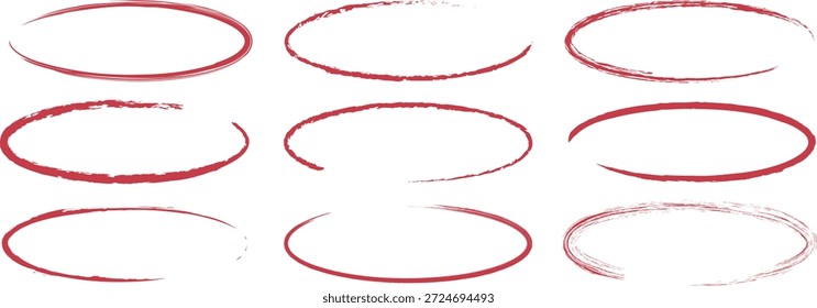 Los círculos ovalados dibujados a mano en rojo forman Elementos de énfasis y realce. Los bucles de marcadores incompletos guían la atención en los diseños y documentos. Ideal para anotaciones, enseñanza y Diseño gráfico.