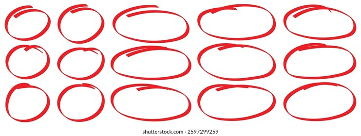 Red hand drawn oval markers. Red circle brush lines. Red highlight hand drawn circle pen draw. Red crayon ovals and circles vector set. For marker pen, pencil, logo and text check. Vector illustration