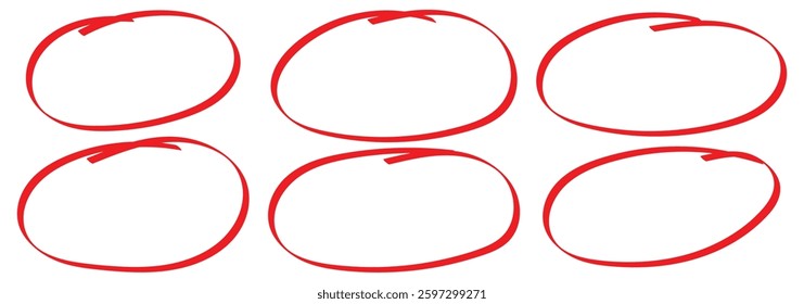 Red hand drawn oval markers. Red circle brush lines. Red highlight hand drawn circle pen draw. Red crayon ovals and circles vector set. For marker pen, pencil, logo and text check. Vector illustration