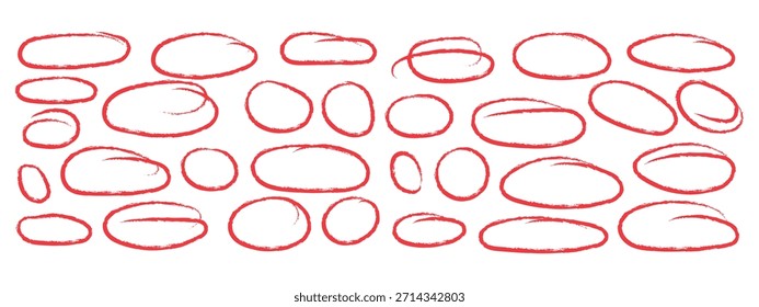 Formas ovaladas dibujadas a mano rojas con Vector de ícono de textura afligida. Resalte los marcos ovalados, Vector de Formas redondas geométricas. Ilustración vectorial.