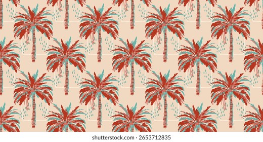 Patrón sin fisuras de damasco de palmera dibujado a mano rojo. impresión hawaiana, fondo de vacaciones de verano en estilo vintage. Pintura de plantas tropicales. Diseño para tejido, textil, Fondo de pantalla y decoración.