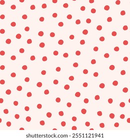 Rote, handgezeichnete Polka-Punkte auf hellem Hintergrund. Nahtloses Muster mit Punkten zum Verpacken von Papier, Stoff, Scrapbooking.