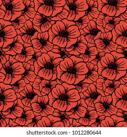 Red hand drawn poppy flowers vector seamless pattern background.