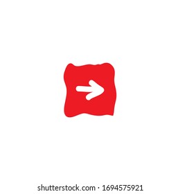 red hand drawn right arrow in shabby square  cartoon icon. Isolated on white. Continue icon.  Next sign. East arrow.