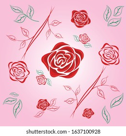 Red hand drawn roses composition. Vector beautiful decoration element witj roses, leaves and thorns for tattoo, valentine day and women day post cards