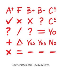Red hand drawn school grades checkmarks crosses and question marks
