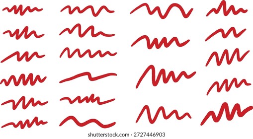 Conjunto de líneas onduladas de garabato dibujado a mano rojo, subrayado de marcador Abstractas y trazos de resaltado aislados sobre fondo blanco