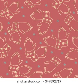 Red hand drawn seamless pattern with mittens and snowflakes. Decorative vector ornamental background. Can be used for textile design, bag template, packaging.