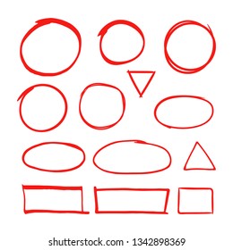 Red hand drawn shapes marker for highlighting text isolated on white background. Marker red drawing, hand drawn, circle illustration