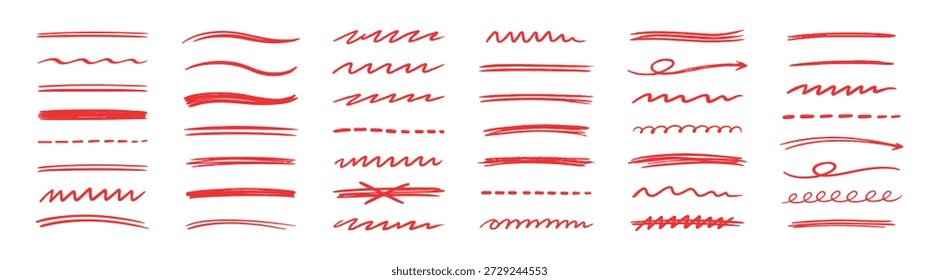 Rote, handgezeichnete Unterstreichungen und wellenförmige Markierungslinien, Marker und Pinsel, doodle, Vektorelementesammlung einzeln auf transparentem Hintergrund