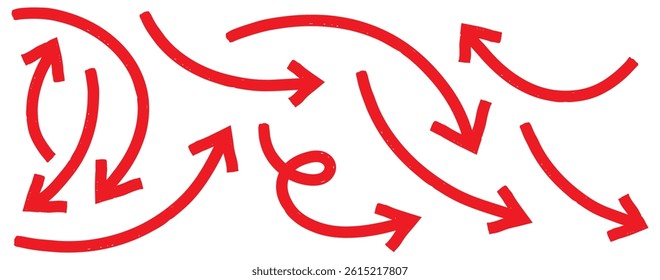 Red Hand drawn vector arrow set. Brush, marker  bold arrows set. Collection of hand drawn doodle thick arrows. Set of Hand drawn vector arrows doodle. Set of red hand drawn grunge doodle arrow.
