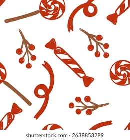 Red hand drawn vector design pattern candy canes, lollipops, and berries for the holidays. vector illustration
