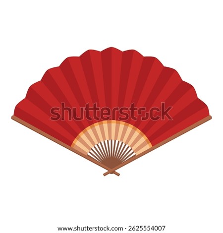 Red hand fan folded and displaying traditional asian design is isolated on a white background
