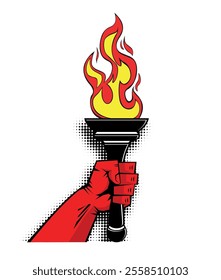 Red hand with flaming torch. Victory, sport and honor concept template in comic style. Vector on transparent background