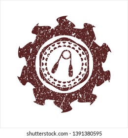 Red hand gripper icon inside distress grunge seal
