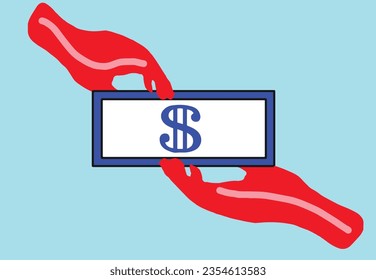 A red hand held a blue banknote in different corners.
