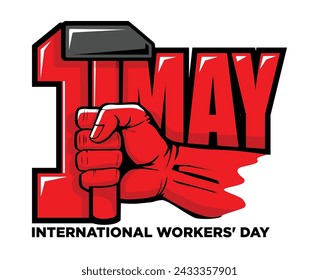 Red hand hold hammer. Labour day, May worker holiday. Vector on transparent background