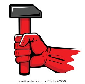 Red hand hold hammer. Template for Labour day, May worker holiday. Vector on transparent background
