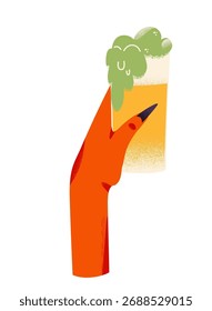Mão vermelha segurando uma cerveja, ilustração de Halloween ousada e assustadora