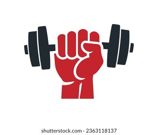 red hand holding dumbbell logo with good quality