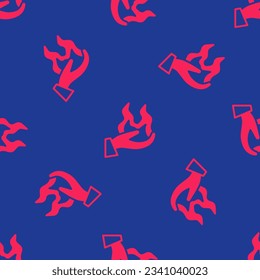 Red Hand holding a fire icon isolated seamless pattern on blue background.  Vector