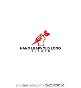 Red hand holding leaf logo.