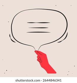 Mano roja sosteniendo una burbuja de nota al pie de mensaje. Estilo plano de la ilustración de la historieta, retro, vintage. Ilustración vectorial.
