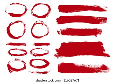 Red hand painted vector abstract brush strokes  and circles collection