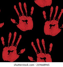 red hand prints on black background vector seamless pattern