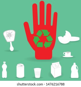 Red hand with recycling symbol on it together with broken mirror, plate and teacup, plastic bottle, aluminium can, plastic cup, milk carton