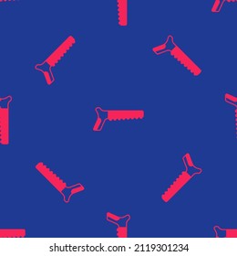 Red Hand saw icon isolated seamless pattern on blue background.  Vector