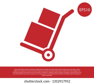 Red Hand truck and boxes icon isolated on white background. Dolly symbol. Vector Illustration