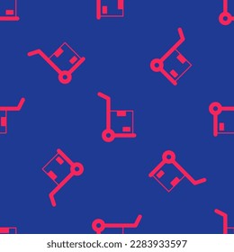 Red Hand truck and boxes icon isolated seamless pattern on blue background. Dolly symbol.  Vector