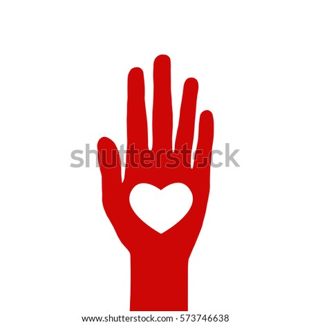 Red hand with white heart ring on white background. Vector illustration. Flat design. 