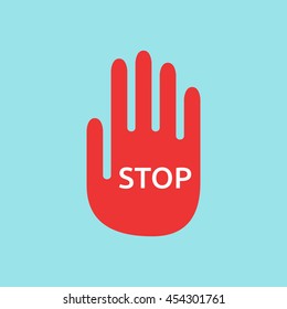 Red hand with word stop on blue background. Halt, warning and danger concept. Flat design. Vector illustration. EPS 8, no transparency