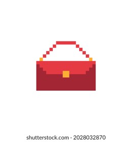 Red handbag, woman bag pixel art icon. Shop symbol design for logo, sticker, mobile app, website, badges and patches. 8-bit sprite. Isolated vector illustration.