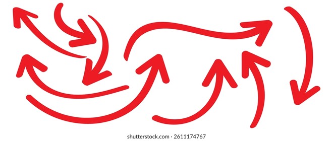 Red hand-drawn arrow marker. Red Hand-drawn brush stroke arrows. Red charcoal ovals and arrows strokes different forms. Hand drawn vector arrows doodle set on white background. Red long arrow set.